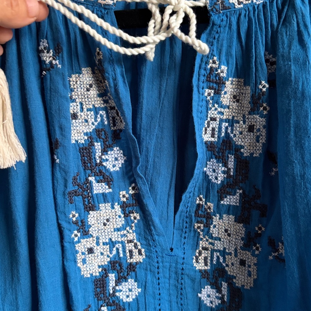 American Eagle Women's S Blue Cotton Floral Embroidered Peasant Blouse Top Boho - Picture 4 of 11